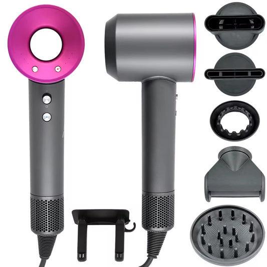 Professional Ionic Hair Dryer Super Hair Dryer, Innovative Latest Generation Design without Blades, Reduced Weight and Size, with Six Accessories, Includes Wall Mount, Straightening Nozzle, Flyaway, Diffuser, Soft Air Nozzle, Soft Nozzle, Alumar